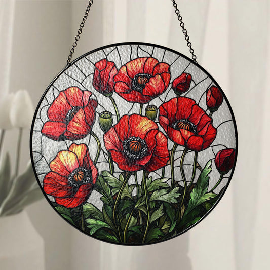Poppy Flowers Suncatcher, Stained Glass Plant Home Decor, Unique Botanical Art Window Hanging, Artistic Poppy, Memory Day, Nana's Blessings