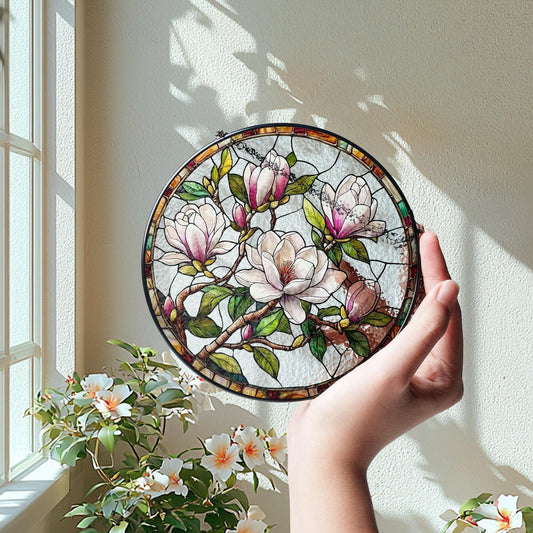 Magnolia Flower Stained Glass Suncatcher, Elegant Pink Bloom Window Art, Magnolia Flower Suncatcher, Floral Decor for Women, Mom Gift