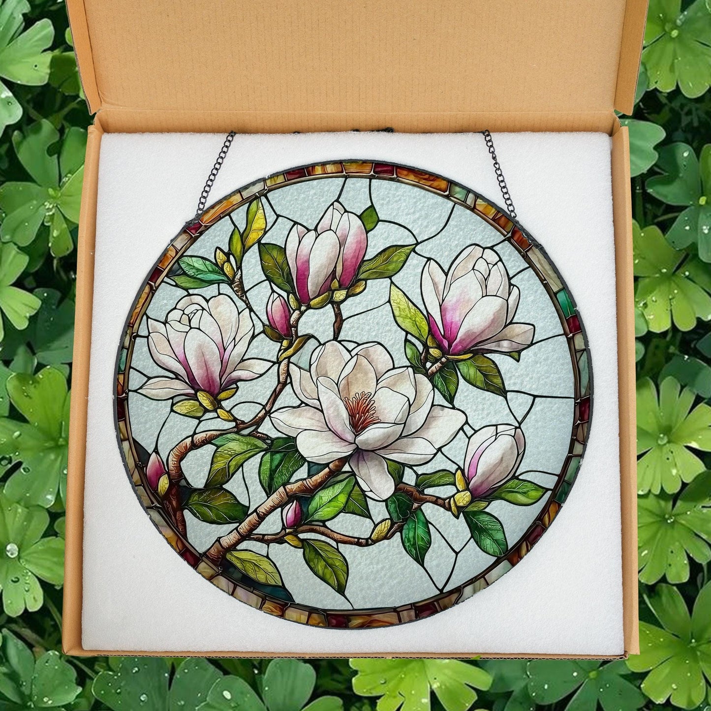 Magnolia Flower Stained Glass Suncatcher, Elegant Pink Bloom Window Art, Magnolia Flower Suncatcher, Floral Decor for Women, Mom Gift