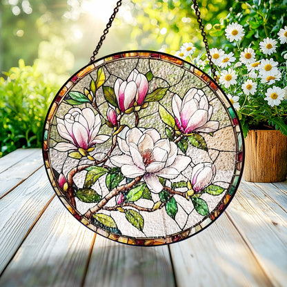 Magnolia Flower Stained Glass Suncatcher, Elegant Pink Bloom Window Art, Magnolia Flower Suncatcher, Floral Decor for Women, Mom Gift