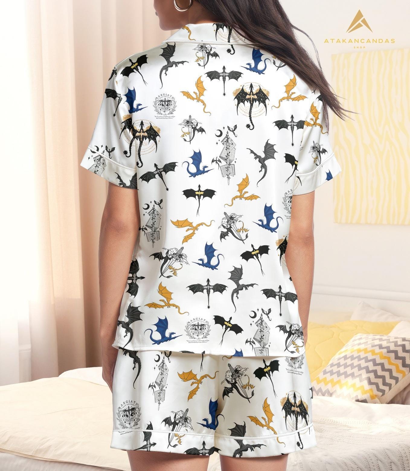 Fourth Wing Short Satin Pajamas, Dragon Fly Or Die Matching Pajamas, Dragon Bookish Short Sleeve Pajamas, Dragon Bride Pajamas Women