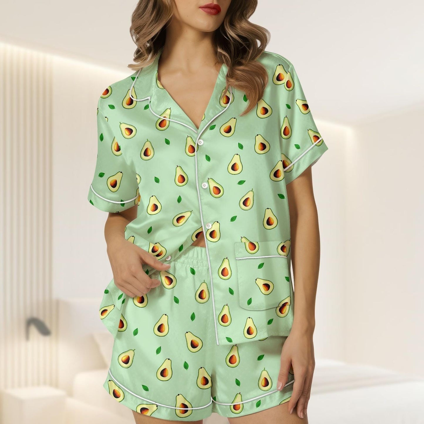 Avocado Satin Pajamas Short Set, Cute Avocado Women Pajamas, Food Lover Sleepwear Gift, Funny Avocado Loungewear, Gift For Women