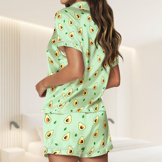 Avocado Satin Pajamas Short Set, Cute Avocado Women Pajamas, Food Lover Sleepwear Gift, Funny Avocado Loungewear, Gift For Women