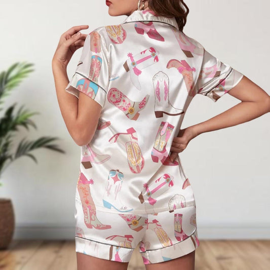 Cowgirl Boots Satin Pajamas Short, Western Print Sleepwear, Cute Pastel Lounge Satin PJ, Summer Satin Gift