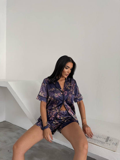 Dark Purple Satin Pajama Set with Baroque Floral Design for Women Featuring Short Sleeve Top and Relaxed Fit Shorts, Satin Pajama Set Women