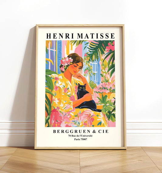 Henri Matisse painting, Black cat held by a woman, Mediterranean aesthetic poster, Tropical summer print, Dopamine decor