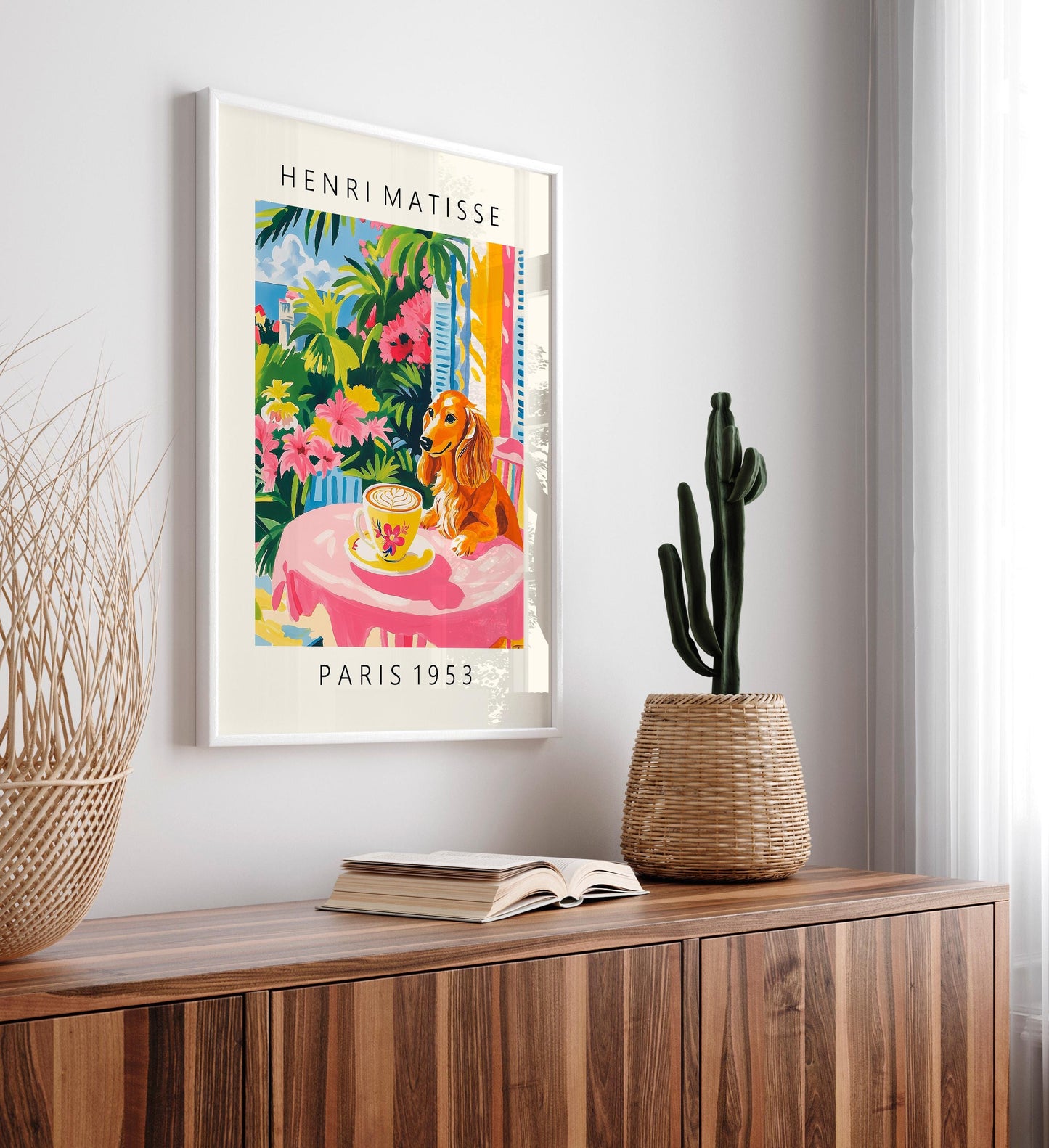 Dachshund Coffee Print: Matisse Style Pink Kitchen Cafe Art