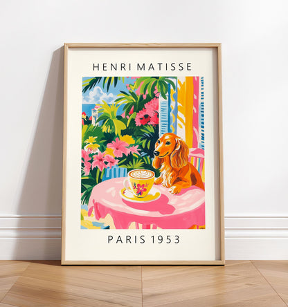 Dachshund Coffee Print: Matisse Style Pink Kitchen Cafe Art