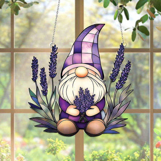 Gnome with Lavender and Iris Flowers Acrylic Window Hanging, Hanging Window Decor, Purple Floral Hanging Decor, Gift for Garden Lovers