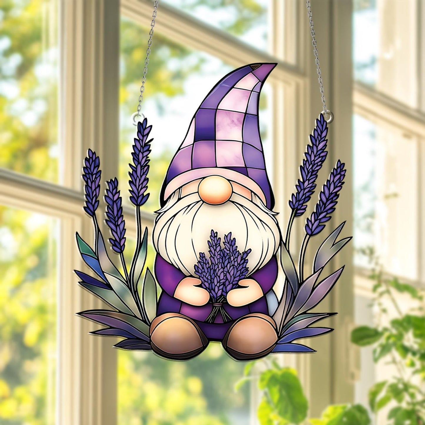 Gnome with Lavender and Iris Flowers Acrylic Window Hanging, Hanging Window Decor, Purple Floral Hanging Decor, Gift for Garden Lovers