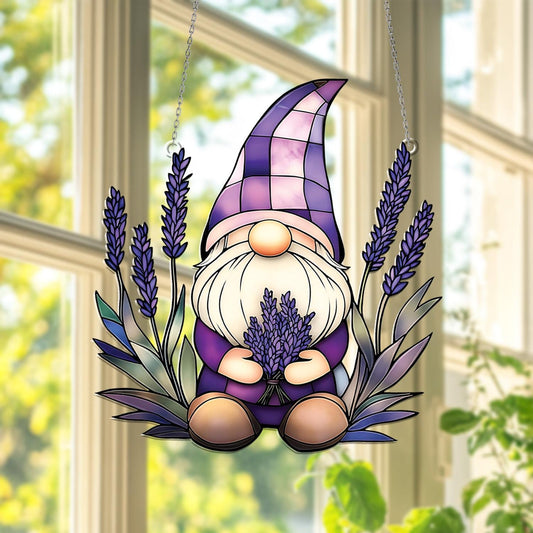 Gnome with Lavender and Iris Flowers Acrylic Window Hanging, Hanging Window Decor, Purple Floral Hanging Decor, Gift for Garden Lovers