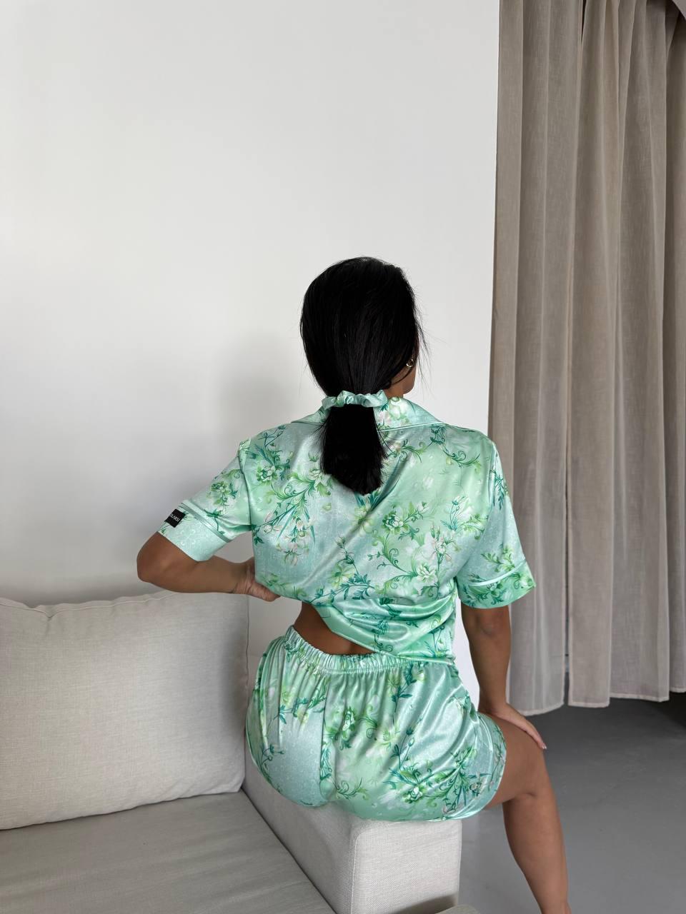 Green Floral Satin Pajama Set for Women with Matching Scrunchie – Short Sleeve Button Down Sleepwear – Elegant Lightweight Loungewear