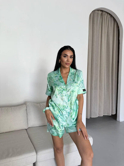 Green Floral Satin Pajama Set for Women with Matching Scrunchie – Short Sleeve Button Down Sleepwear – Elegant Lightweight Loungewear