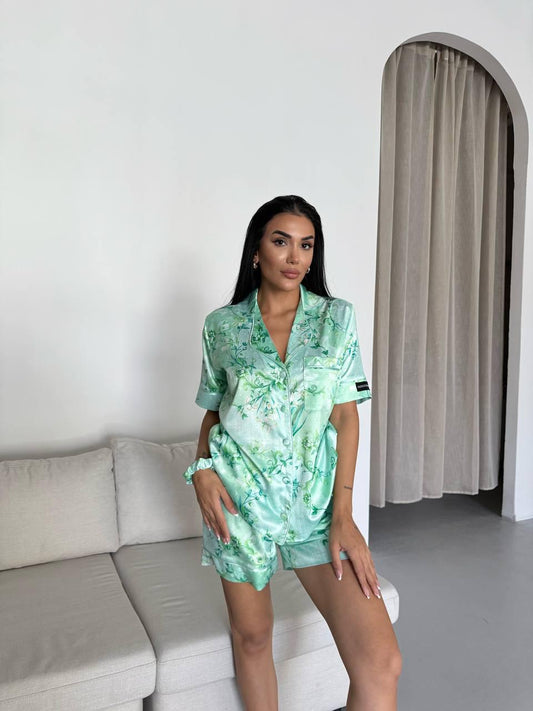 Green Floral Satin Pajama Set for Women with Matching Scrunchie – Short Sleeve Button Down Sleepwear – Elegant Lightweight Loungewear