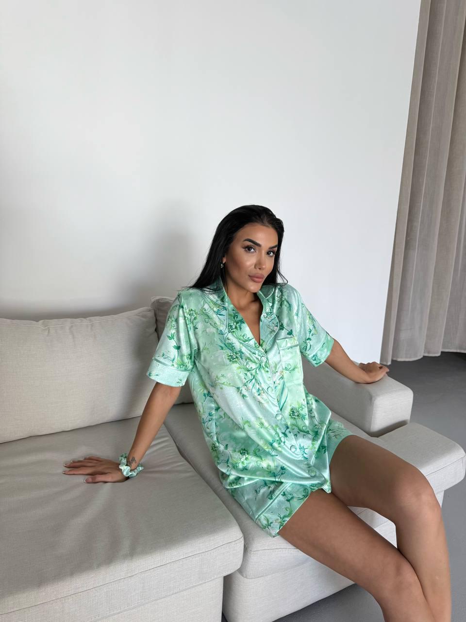 Green Floral Satin Pajama Set for Women with Matching Scrunchie – Short Sleeve Button Down Sleepwear – Elegant Lightweight Loungewear