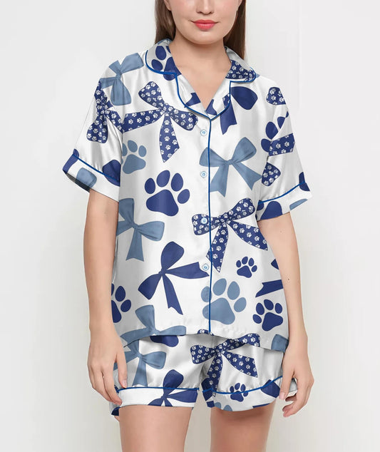 Coquette Paws Pajamas Satin Set, Blue Floral Bows Shirt, Mother's Day Gift, Birthday Gift,Pjs For Women, Bridesmaid Gifts, Bachelorette