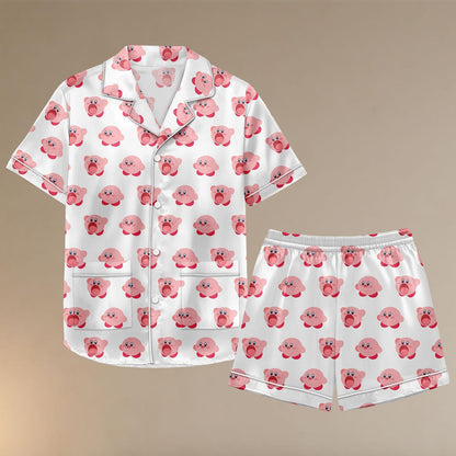 Cute Kirby Cartoon Satin Short Pajamas, Pink Character Loungewear Set, Summer Sleepwear for Fans, Gift For Her