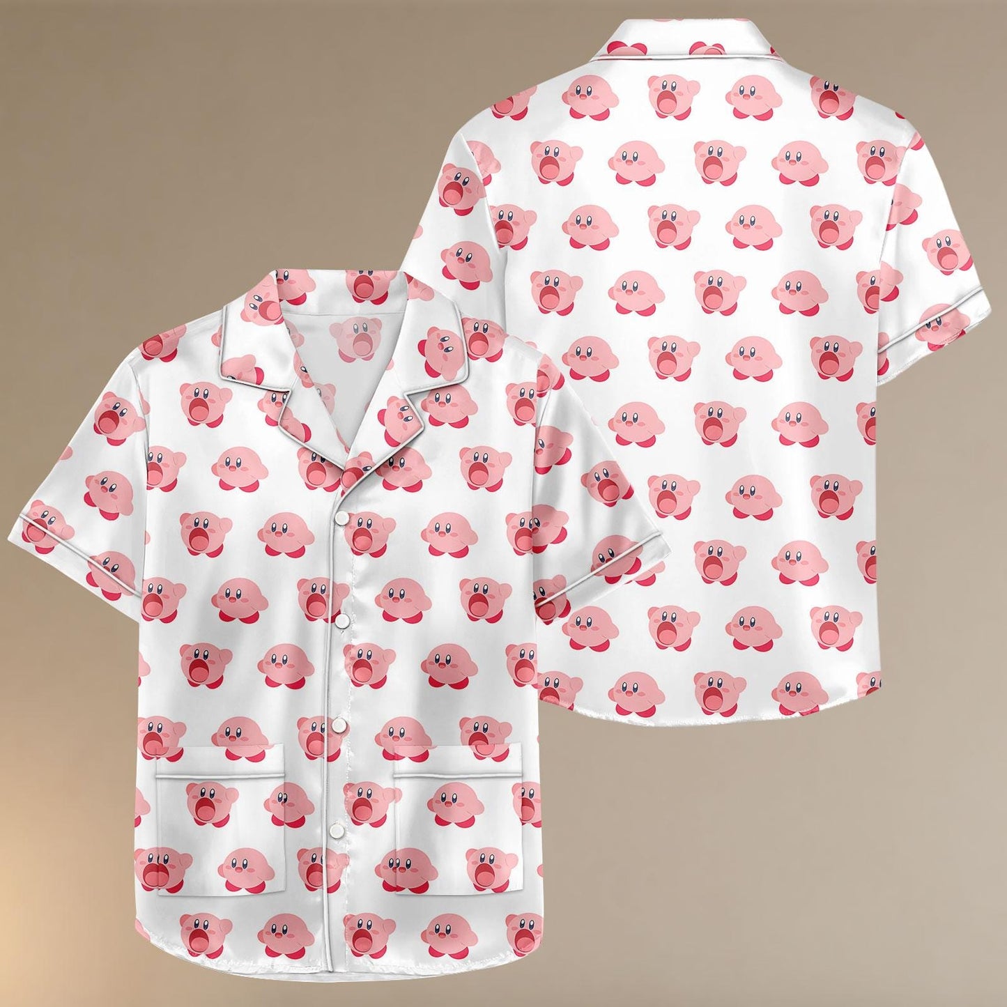 Cute Kirby Cartoon Satin Short Pajamas, Pink Character Loungewear Set, Summer Sleepwear for Fans, Gift For Her