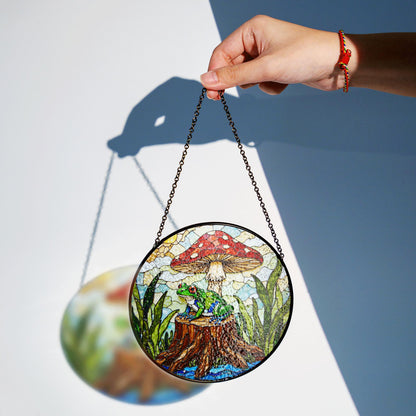 Frog on stump under red mushroom stained glass suncatcher forest animal decor gift for nature lover