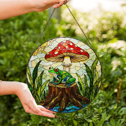 Frog on stump under red mushroom stained glass suncatcher forest animal decor gift for nature lover