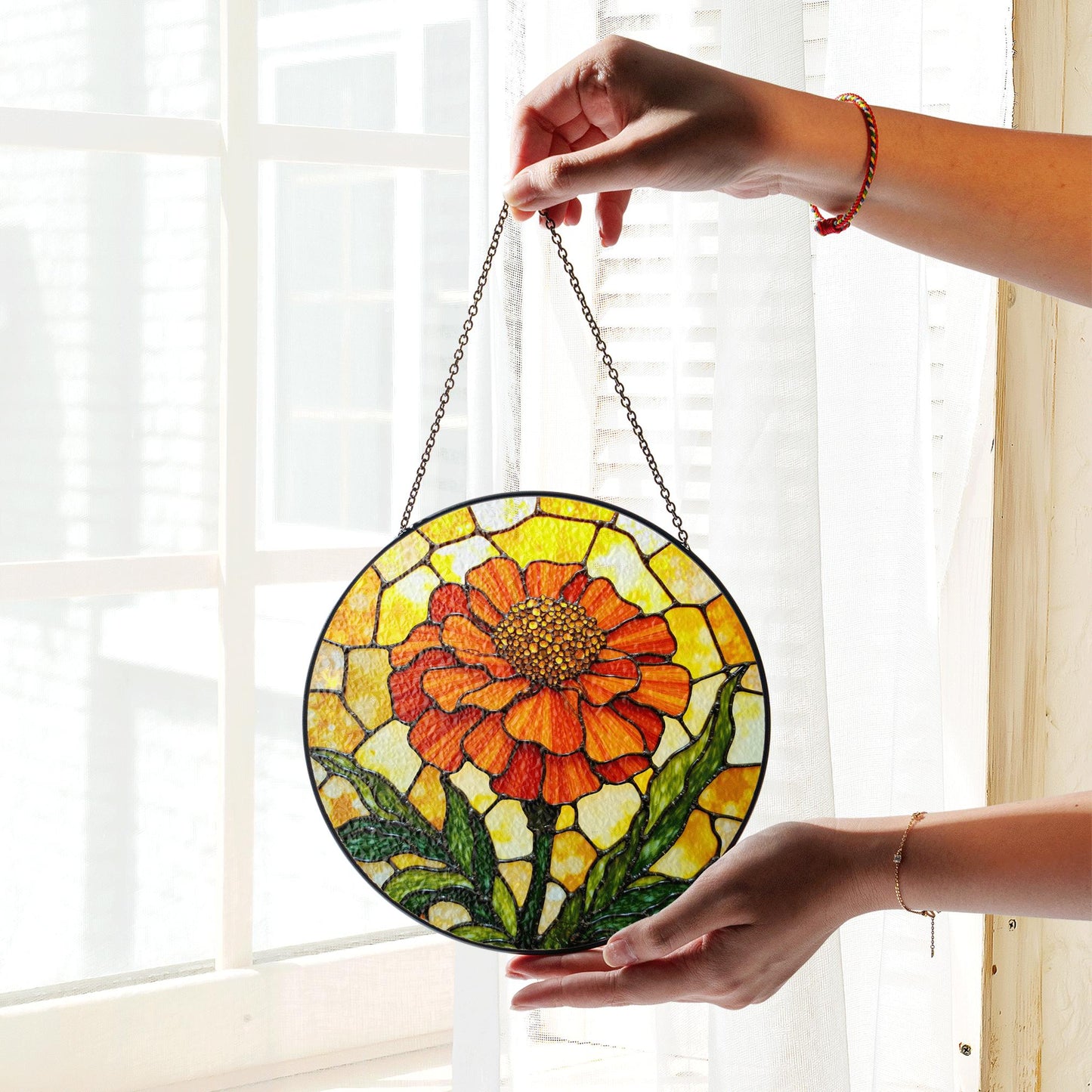 Orange flower stained glass round panel vibrant suncatcher art gift for plant lovers window decor gift for mom