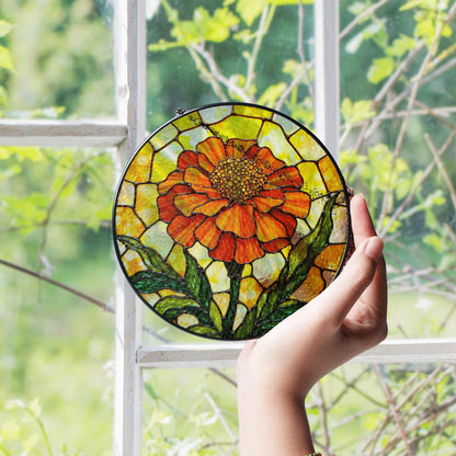 Orange flower stained glass round panel vibrant suncatcher art gift for plant lovers window decor gift for mom