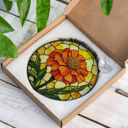 Orange flower stained glass round panel vibrant suncatcher art gift for plant lovers window decor gift for mom
