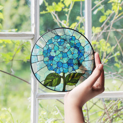Blue Hydrangea Flower Round Stained Glass Window Suncatcher Gift for Mom Grandma or Gardener