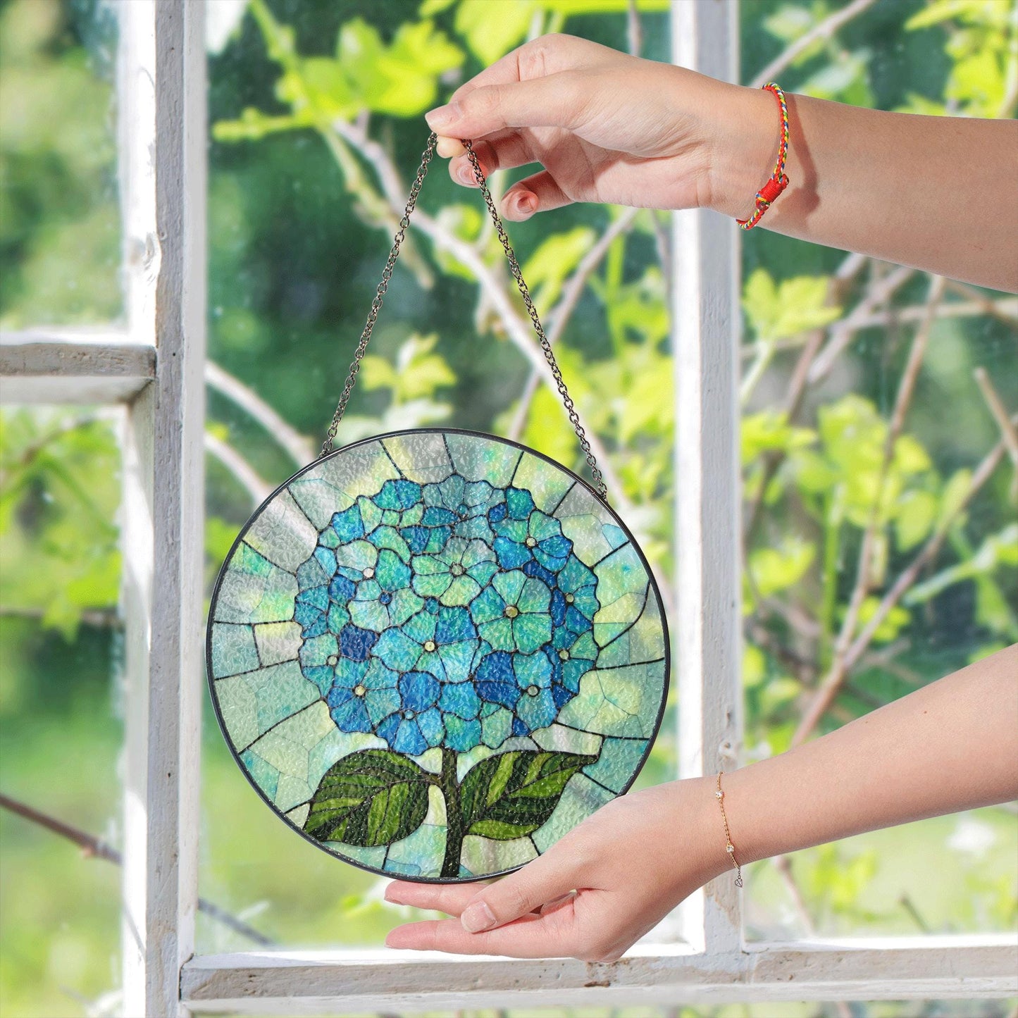 Blue Hydrangea Flower Round Stained Glass Window Suncatcher Gift for Mom Grandma or Gardener