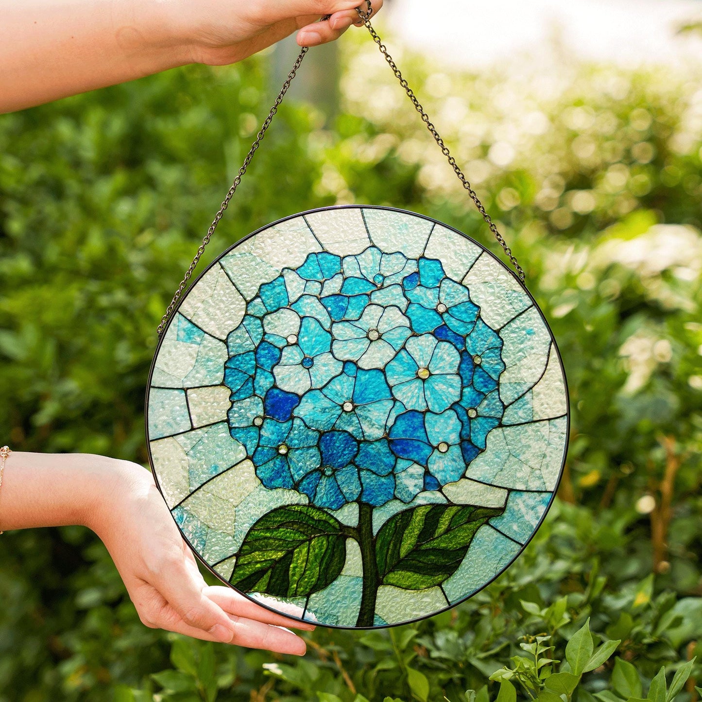 Blue Hydrangea Flower Round Stained Glass Window Suncatcher Gift for Mom Grandma or Gardener