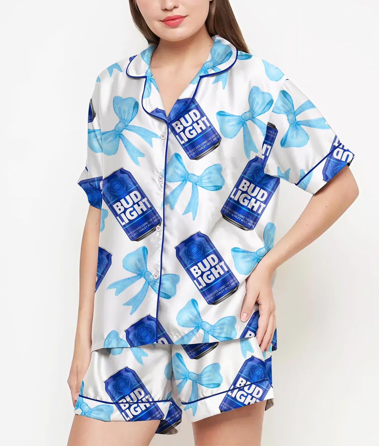 Coquette Blue Bud Pajamas Satin Set, Beer Shirt, Mother's Day Gift, Birthday Gift, Gift For Women, Bridesmaid Gifts, Anniversary Gift