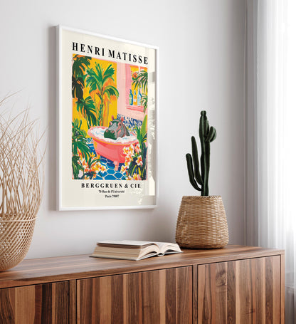 Hippo in Bathtub Poster: Funny Bathroom Print, Matisse Style