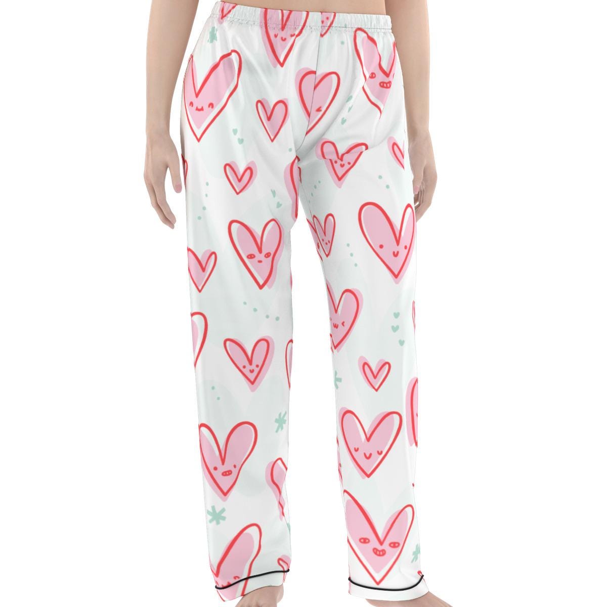 Kawaii Heaven Heart Print Women's Pajama Set with Elastic Waist & Contrast Piping