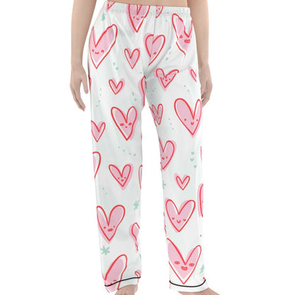 Kawaii Heaven Heart Print Women's Pajama Set with Elastic Waist & Contrast Piping