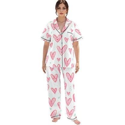 Kawaii Heaven Heart Print Women's Pajama Set with Elastic Waist & Contrast Piping