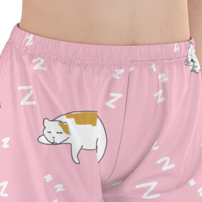 Kawaii Heaven Women's Pink Cat Print Pajamas Set with Elastic Waist & Black Contrast Piping