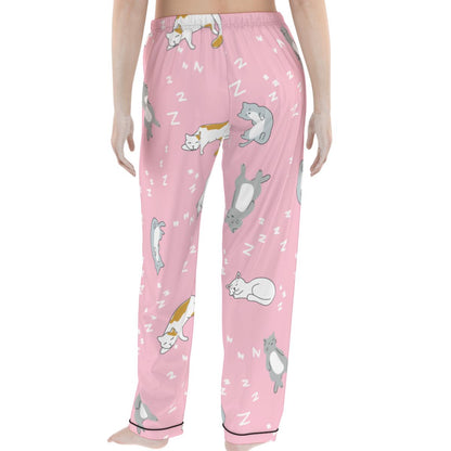 Kawaii Heaven Women's Pink Cat Print Pajamas Set with Elastic Waist & Black Contrast Piping