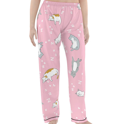 Kawaii Heaven Women's Pink Cat Print Pajamas Set with Elastic Waist & Black Contrast Piping