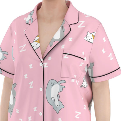Kawaii Heaven Women's Pink Cat Print Pajamas Set with Elastic Waist & Black Contrast Piping