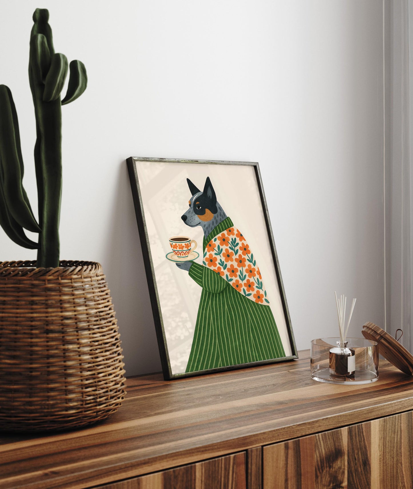 Australian Cattle Dog print, Dog with coffee, Coffee poster, Espresso art print, Floral pattern wall art, Beige neutral aesthetic poster