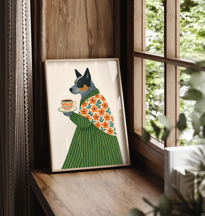 Australian Cattle Dog print, Dog with coffee, Coffee poster, Espresso art print, Floral pattern wall art, Beige neutral aesthetic poster