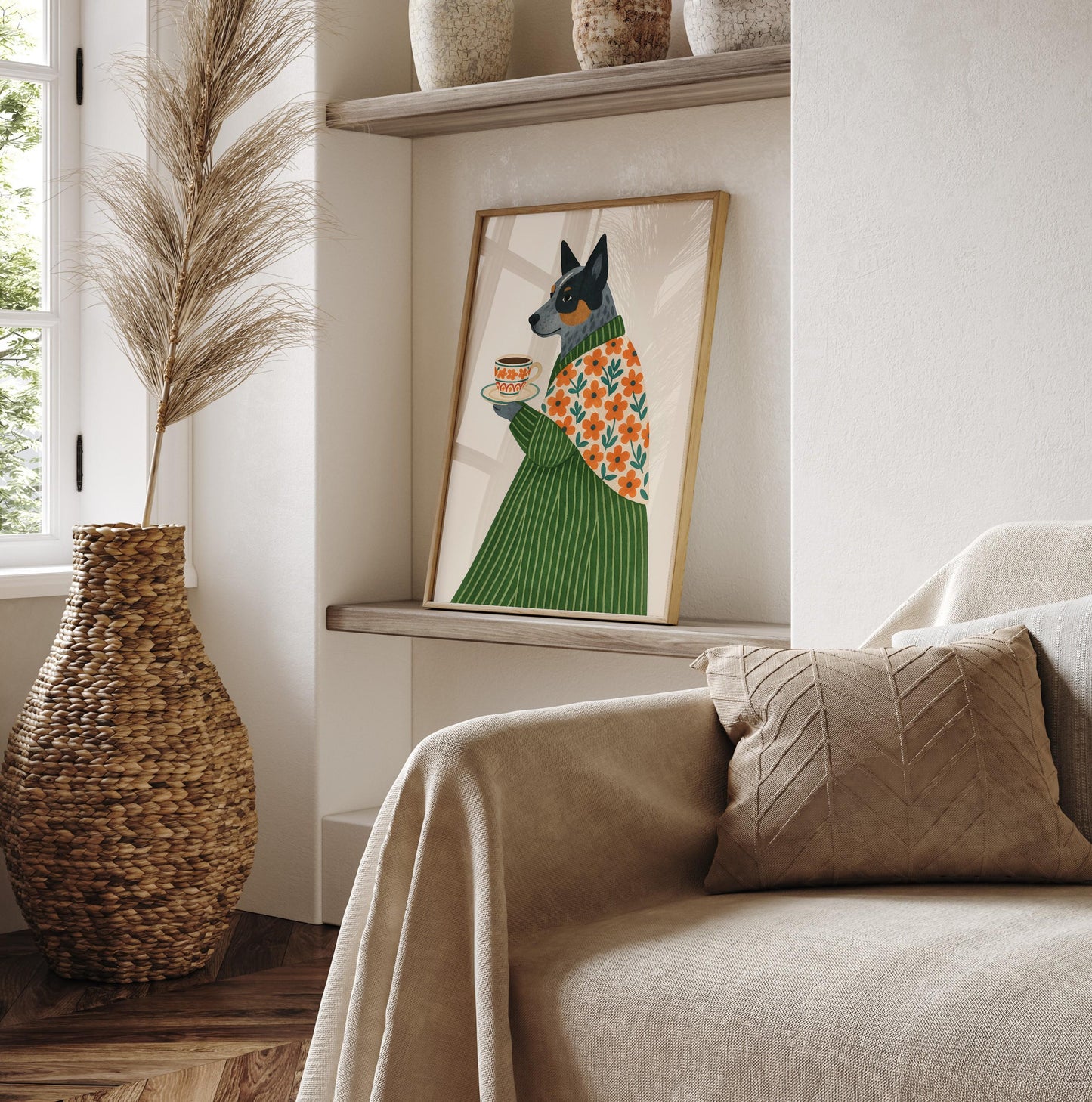 Australian Cattle Dog print, Dog with coffee, Coffee poster, Espresso art print, Floral pattern wall art, Beige neutral aesthetic poster