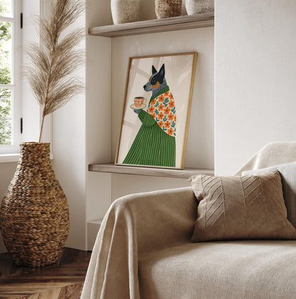 Australian Cattle Dog print, Dog with coffee, Coffee poster, Espresso art print, Floral pattern wall art, Beige neutral aesthetic poster