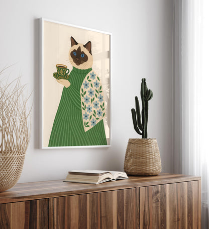 Ragdoll cat print, Coffee print, Espresso art print, Cat wall art, Cat with coffee, Floral print, Aesthetic wall art