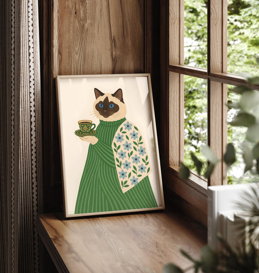 Ragdoll cat print, Coffee print, Espresso art print, Cat wall art, Cat with coffee, Floral print, Aesthetic wall art