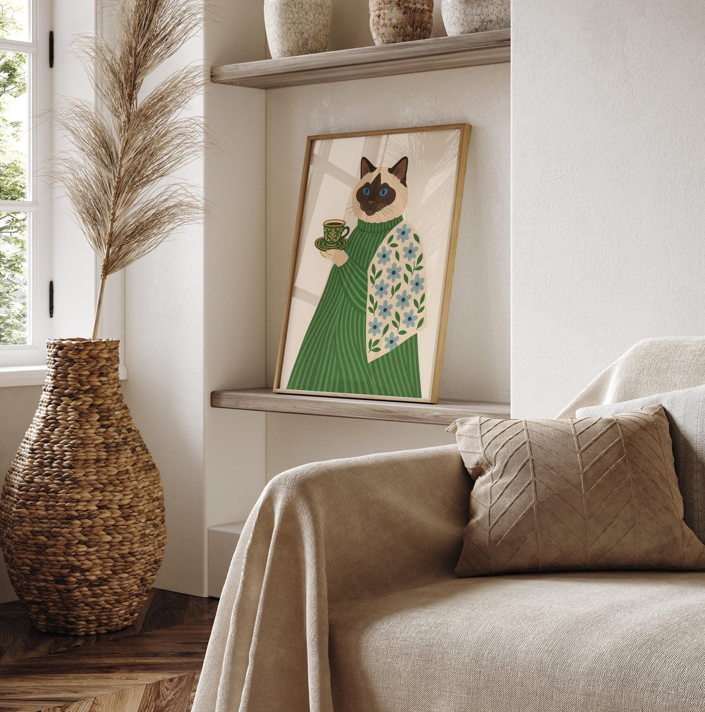 Ragdoll cat print, Coffee print, Espresso art print, Cat wall art, Cat with coffee, Floral print, Aesthetic wall art