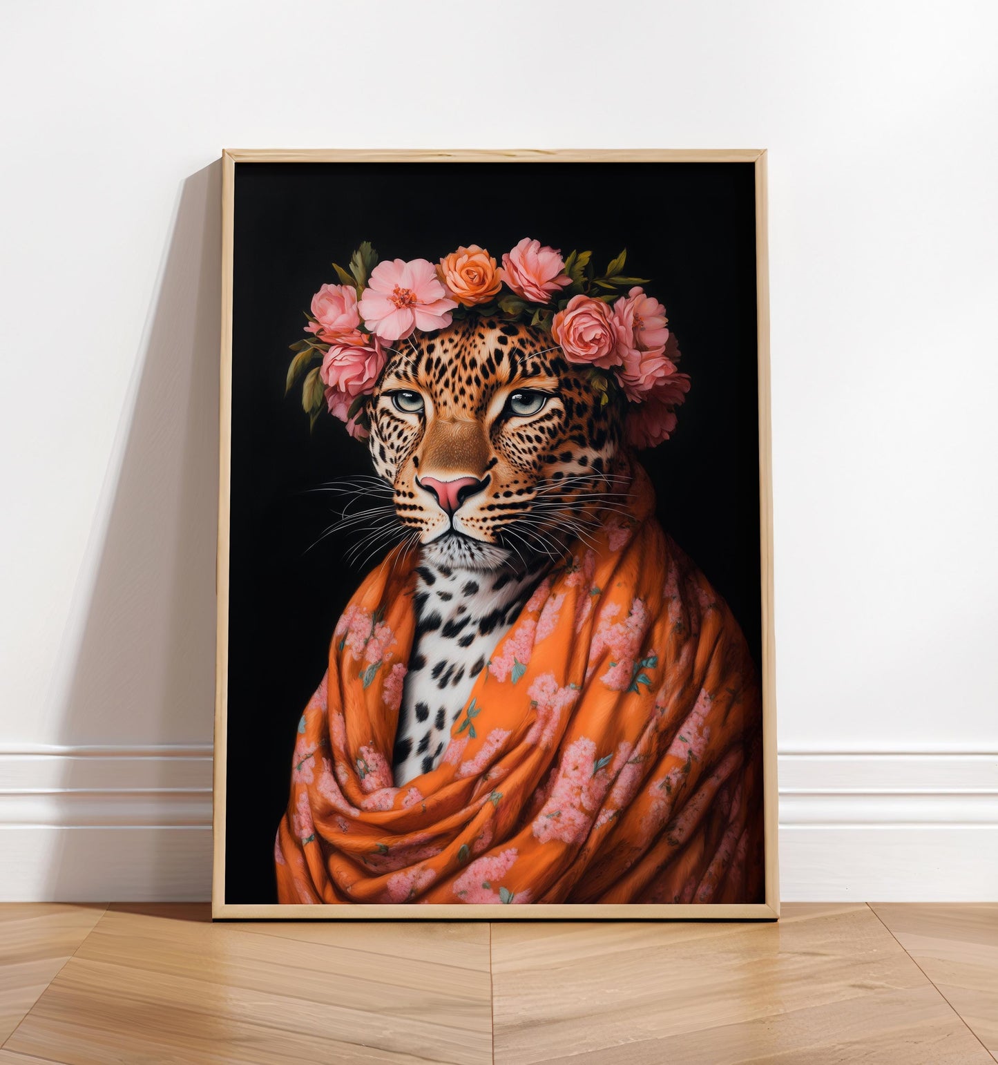 Boho Leopard Art Print: Floral Crown, Bold Animal Portrait