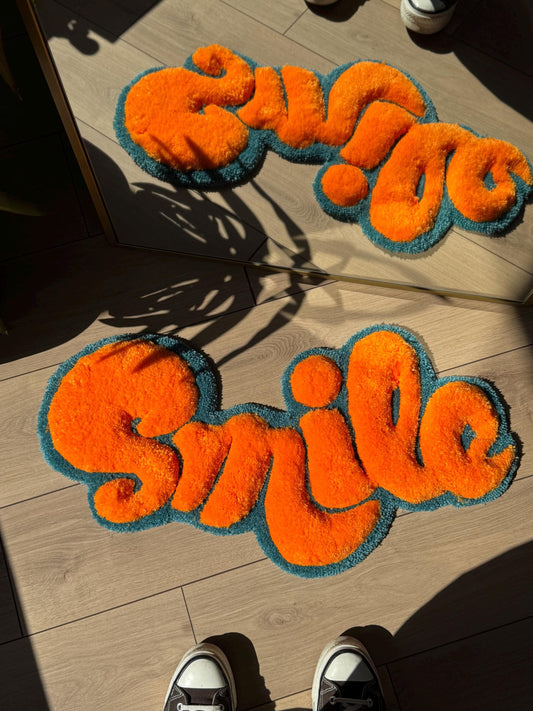 SMILE Tufted Rug – Handmade 3D Fluffy Quote Carpet – Positive Soft Floor or Wall Art – Bold Text Decor