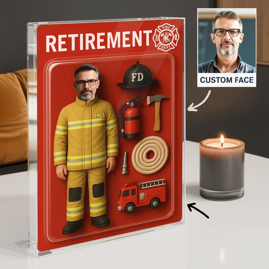 Personalized Firefighter Retirement Gift, Custom Photo Retired Action Figure Acrylic Block, Congratulation Fireman Retired Gifts For Husband
