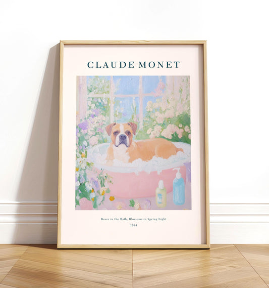 Boxer Dog in Bathtub Art Print: French Cottagecore Decor